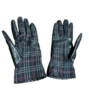 Women's Black Faux Leather and Plaid Stretch Gloves, L/XL